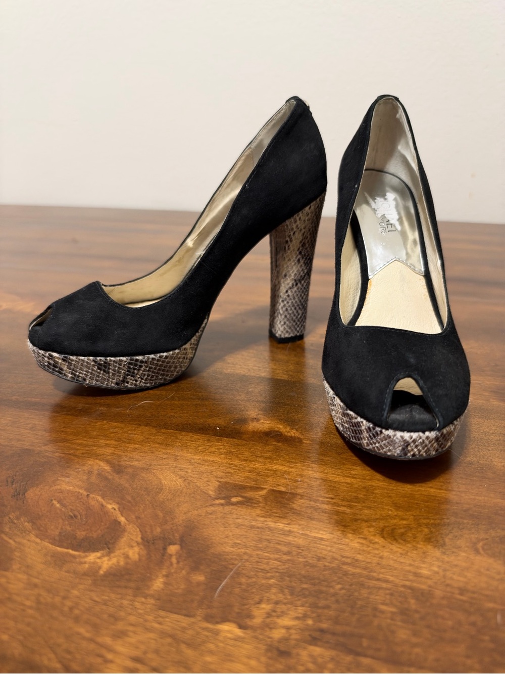 Michael Kors Black Suede Peep-Toe Pumps with Snakeskin Platform